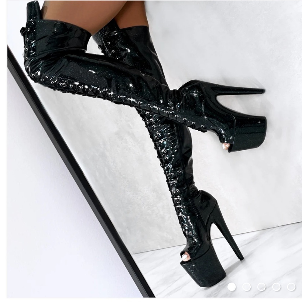 Hella Heels Glitterati Sin City Thigh High Open Toe Boots 8” Size 9